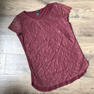 Ann Taylor Burgundy Lace Short Sleeve Top XS